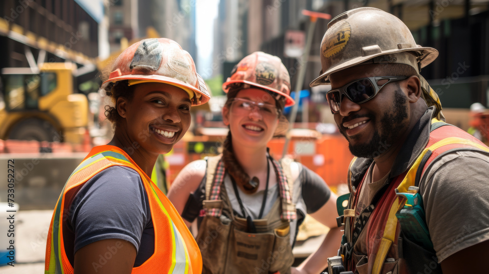 Young builders are standing at the site, discussing working issues. Workers outdoors. Construction concept, communication. Young builders are standing at the site, discussing working issues. Workers outdoors. Construction concept, communication.