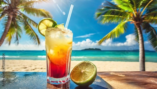 fresh icy exotic drink on blurred tropical beach background blue sky above the horizon ocean sand palms vacation summer happy holidays on sandy tropical sea beach
