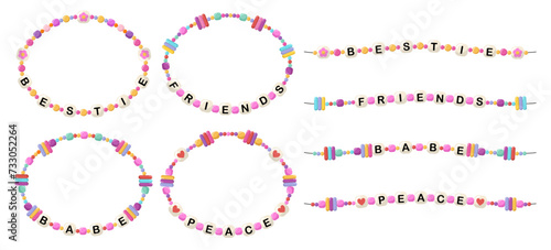 Collection of vector jewelry, children's ornaments. Bracelet of handmade plastic beads. Set of bright colorful braided bracelets with letters from words bestie, friends, babe, peace.