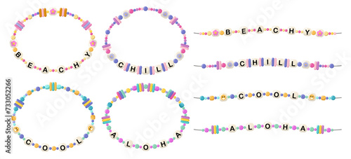 Collection of vector jewelry, children's ornaments. Bracelet of handmade plastic beads. Set of bright colorful braided bracelets with letters from words beachy, chill, cool, aloha.