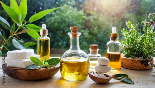 natural organic oil and bottles with herbal cosmetics home spa and beauty rituals