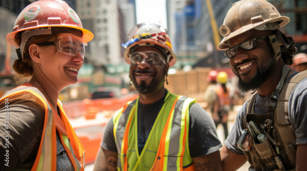 Young builders are standing at the site, discussing working issues. Workers outdoors. Construction concept, communication. Young builders are standing at the site, discussing working issues. Workers outdoors. Construction concept, communication.