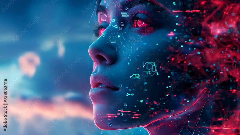 A woman's face surrounded by an electronic network features blue skin and a flow of red digital data.
A woman's face surrounded by an electronic network features blue skin and a flow of red digital data.