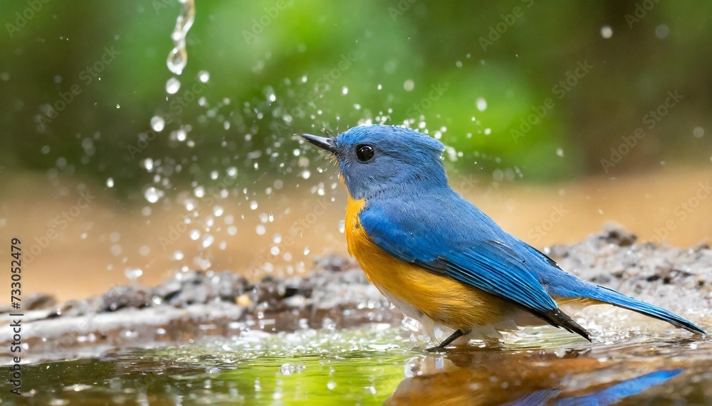 beautiful blue bird tickell s blue flycatcher taking a shower in a puddle of water beautiful blue bird tickell s blue flycatcher taking a shower in a puddle of water