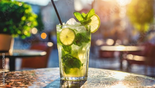 exotic mojito drink on blurred city background in the rays of sunlight in summer close up of a macro street cafe