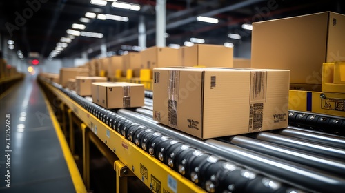 Cardboard boxes on conveyor belt in warehouse,