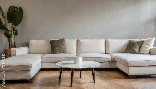 round coffee table near white sofa against blank wall with copy space minimalist cozy home interior design of modern living room © Debbie