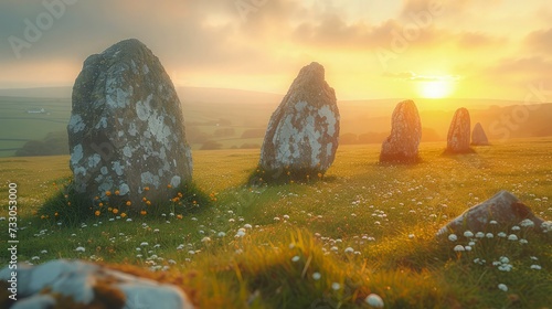 Megalithic Stones and Celtic Landscape. Background for celebrating St. Patrick's Day.