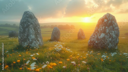 Megalithic Stones and Celtic Landscape. Background for celebrating St. Patrick's Day.