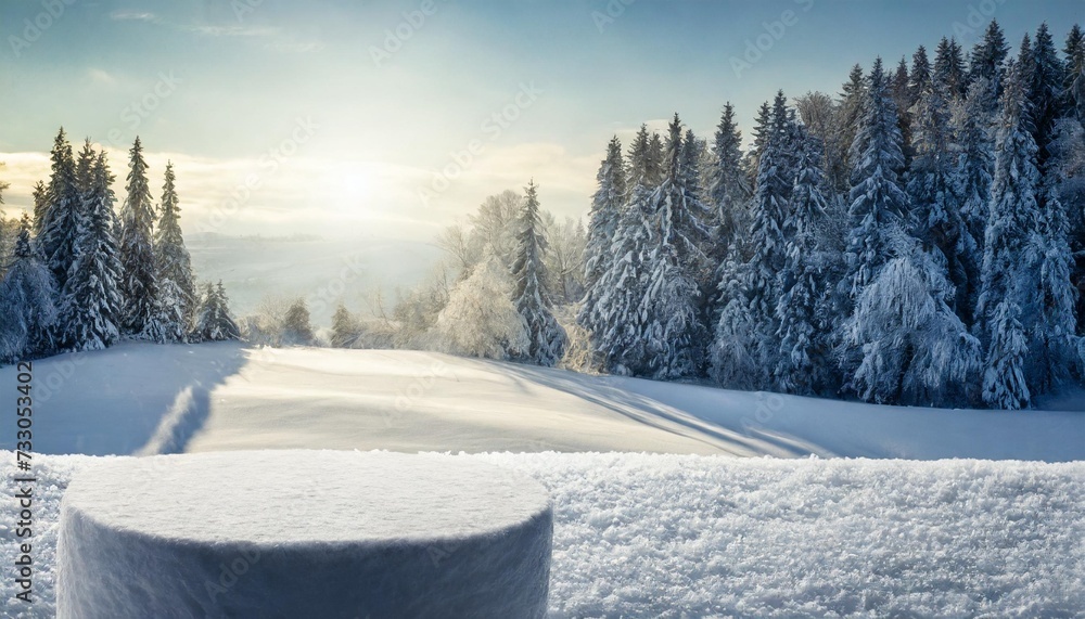 winter mockup background of snow and frost natural rural landscape and sun light empty space for your decoration magic christmas photo of pedestals and vintage style cold december day