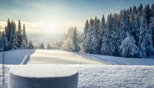 winter mockup background of snow and frost natural rural landscape and sun light empty space for your decoration magic christmas photo of pedestals and vintage style cold december day