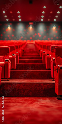 Red cinema auditorium with red seats and lighting.