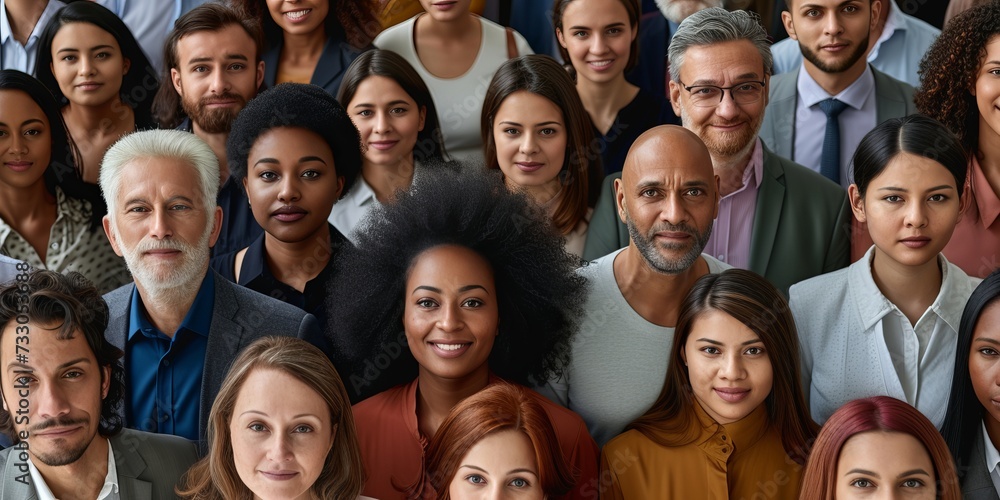 Multiple Group of People of Different Age looking at Camera and Smiling