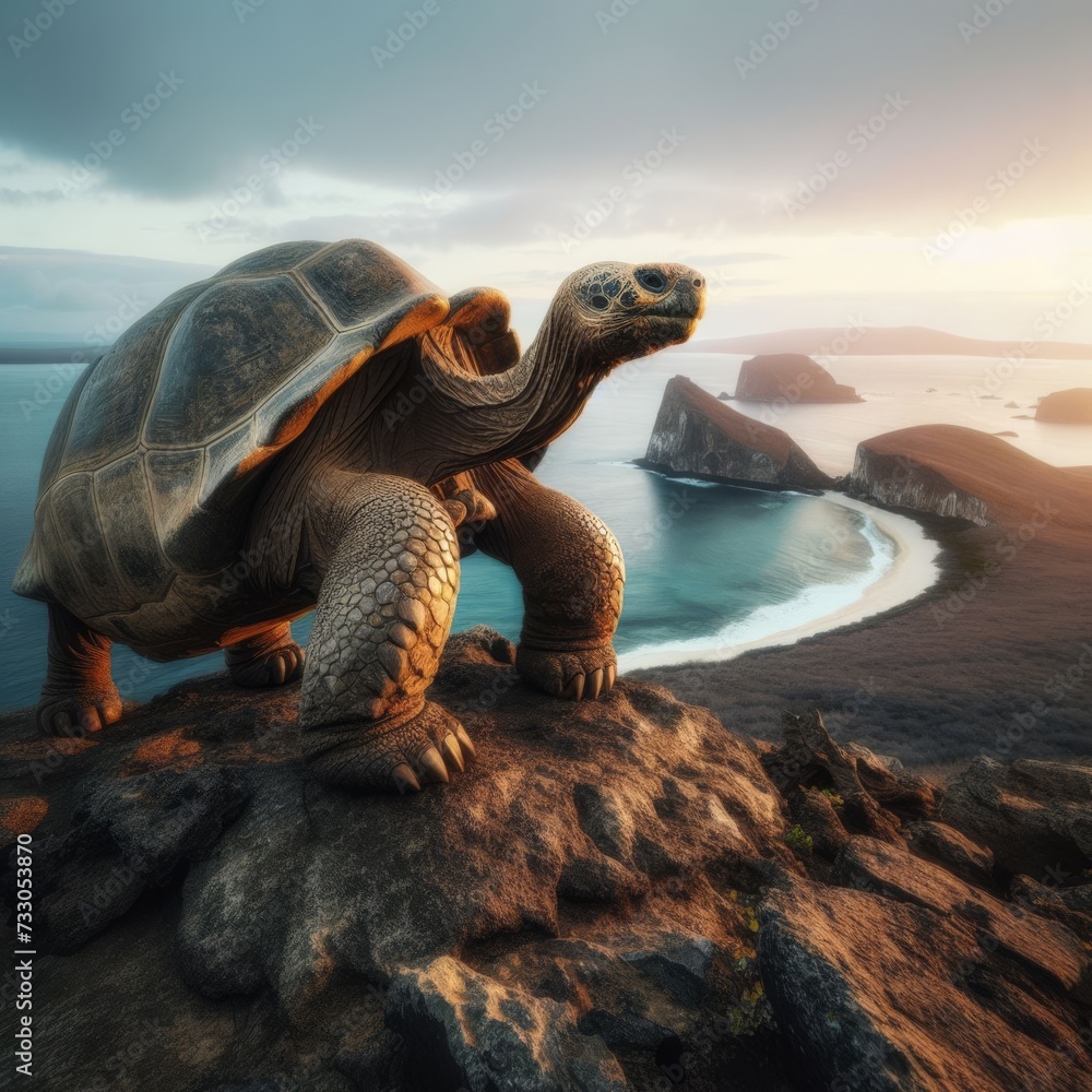 Giant Galapagos tortoise standing majestically on the cliff edge of an island
 - obrazy, fototapety, plakaty 