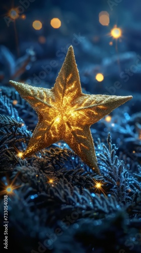 A golden glittering Christmas star on a dark blue background of pine branches with twinkling lights.