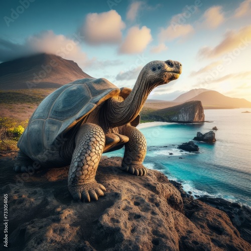 Giant Galapagos tortoise standing majestically on the cliff edge of an island 