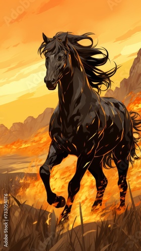 A black horse running through a fiery landscape