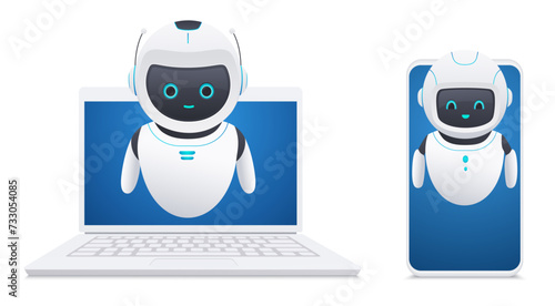 3D robot interacting with the interface of smartphone, laptop. Chat bot with artificial intelligence technology.