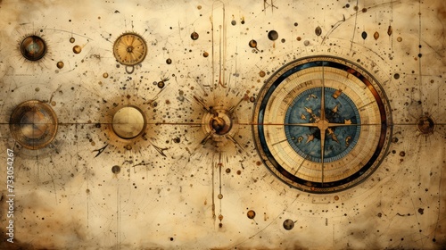 An illustration of an old world map with a compass in the center and various constellations and celestial bodies scattered around it. photo