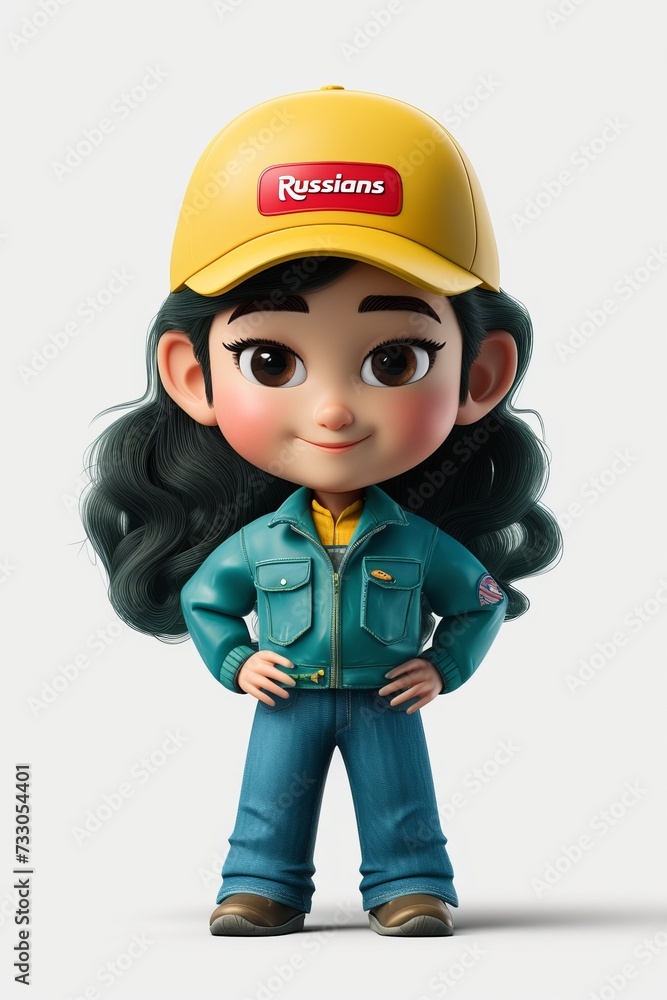 A 3D rendering of a young Russian woman wearing a yellow cap and blue jeans A 3D rendering of a young Russian woman wearing a yellow cap and blue jeans