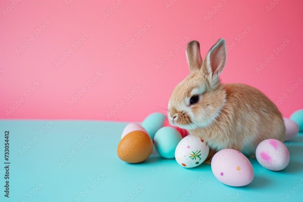 Easter bunny and Easter eggs isolated on pastel pink and turquoise backtround.