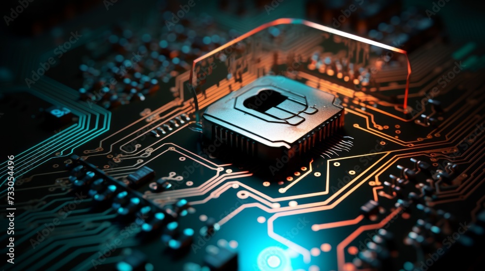 A close-up image of a computer chip with a glowing orange outline. A close-up image of a computer chip with a glowing orange outline.