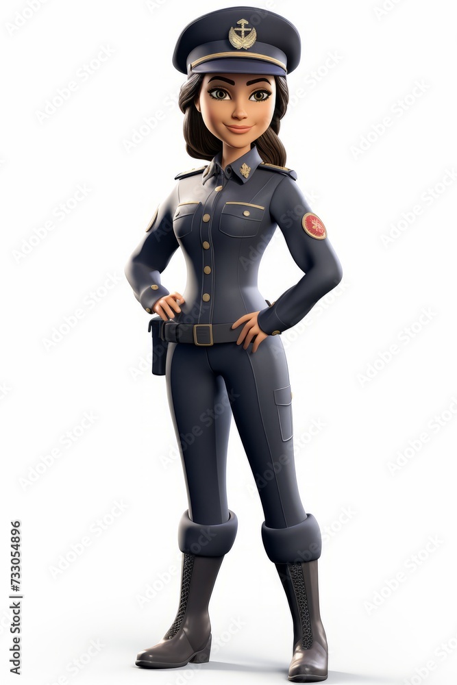 A 3D illustration of a female police officer in a blue uniform and brown boots. A 3D illustration of a female police officer in a blue uniform and brown boots.