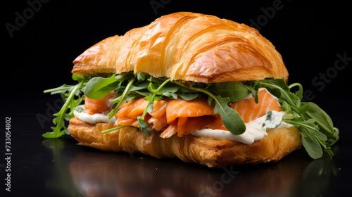 Gourmet Smoked Salmon Croissant Sandwich with Arugula and Cream Cheese