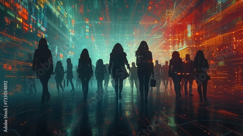 People walking in a digital city