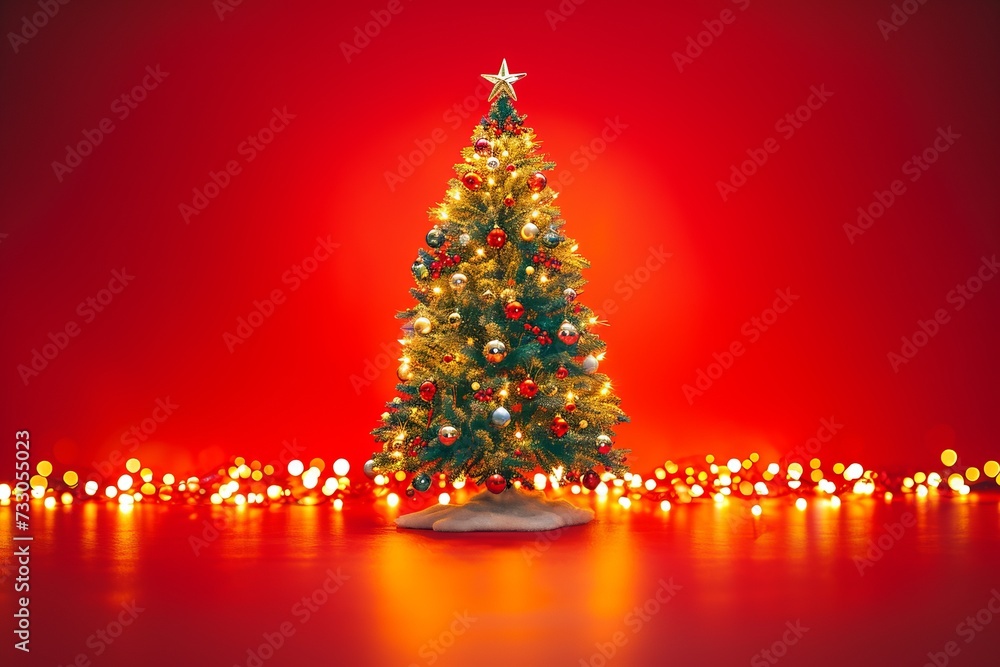 A beautiful Christmas tree with red and gold ornaments stands in front of a red background. There are also red and yellow lights at the bottom of the image. A beautiful Christmas tree with red and gold ornaments stands in front of a red background. There are also red and yellow lights at the bottom of the image.