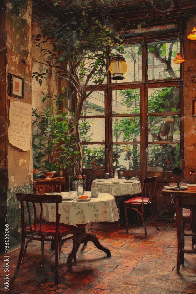 An illustration of an empty restaurant with a tree growing in the middle