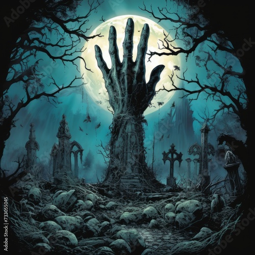 A zombie hand reaching out from a graveyard