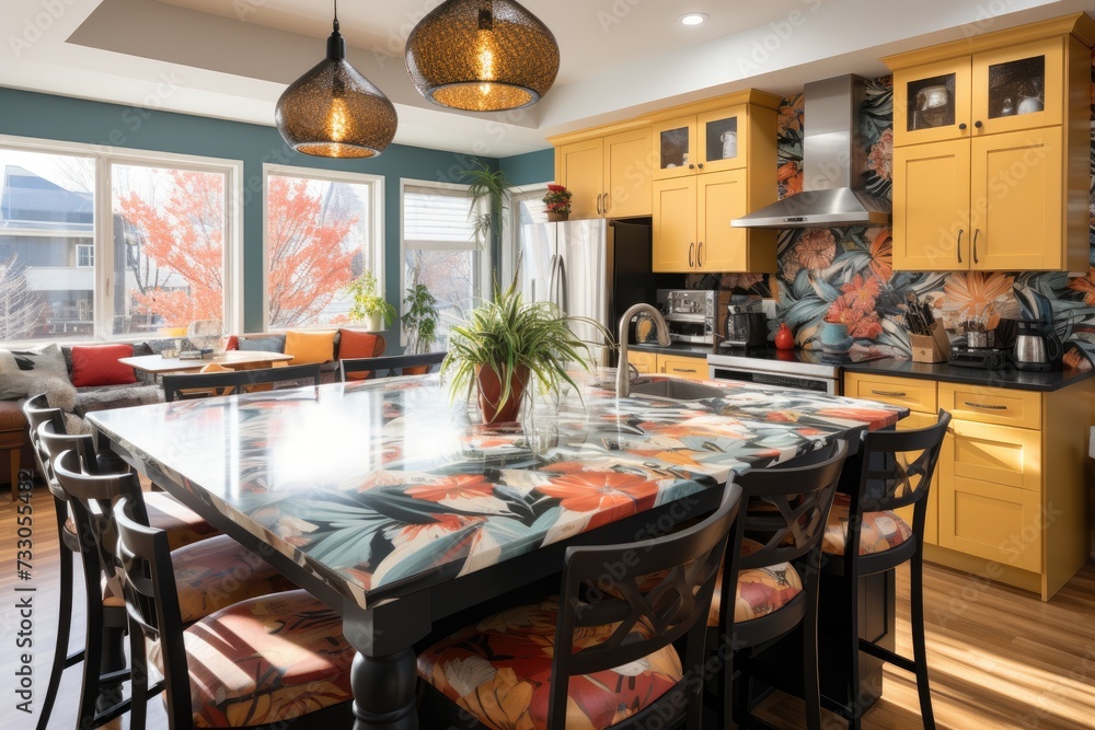 modern kitchen with countertops colorful and playful patterns interior designer professional advertising photography