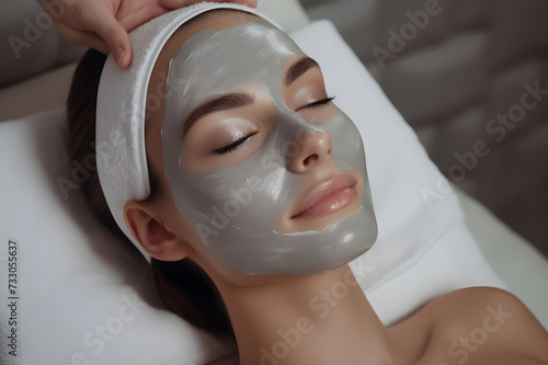 Young woman with facial mask at spa salon - Ai Generated