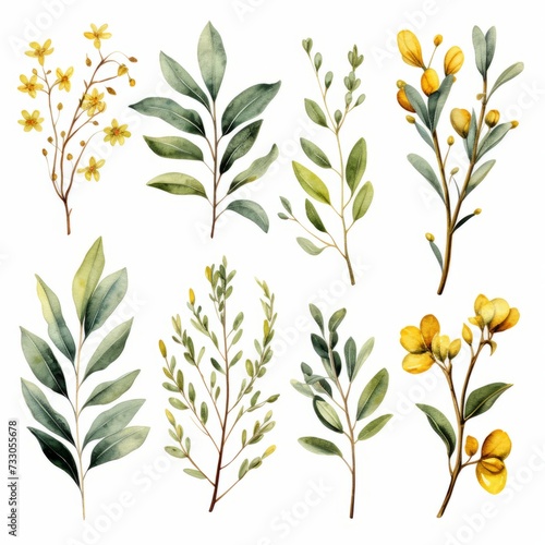 watercolor illustration of yellow flowers and green leaves