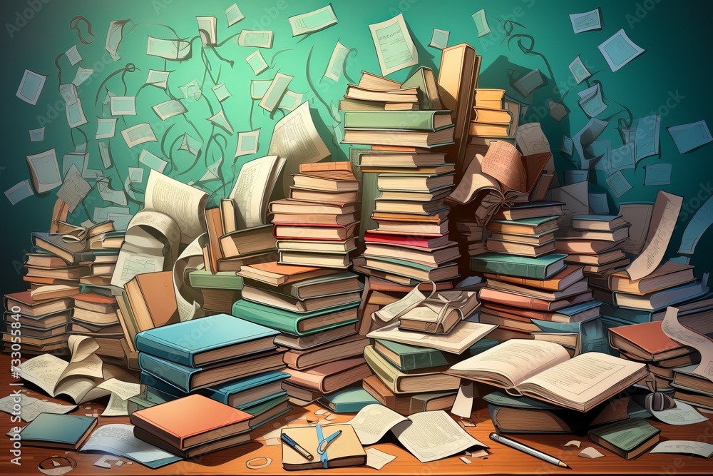 A large stack of books and papers on a wooden table with a green background A large stack of books and papers on a wooden table with a green background