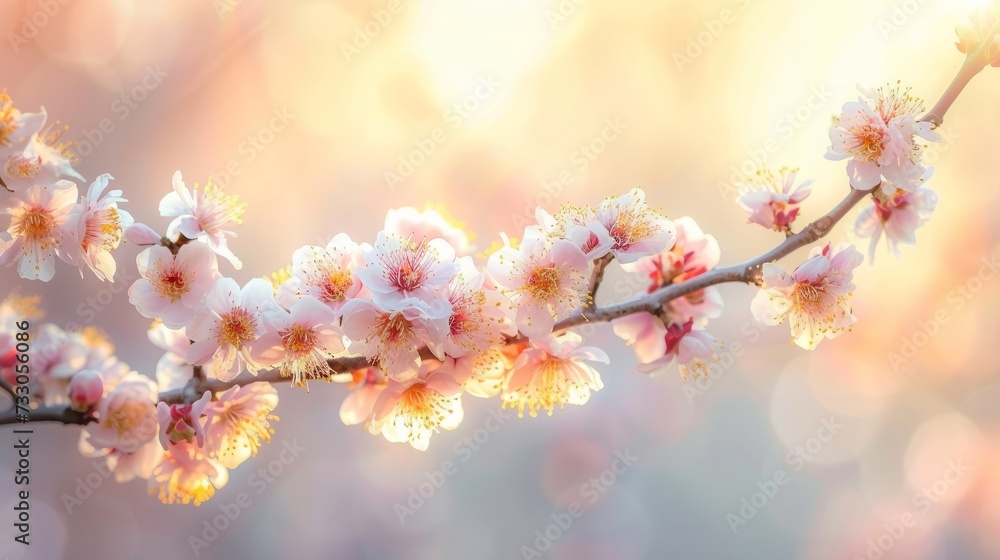 Close-up image of beautiful white and pink cherry blossoms in full bloom against a blurred background