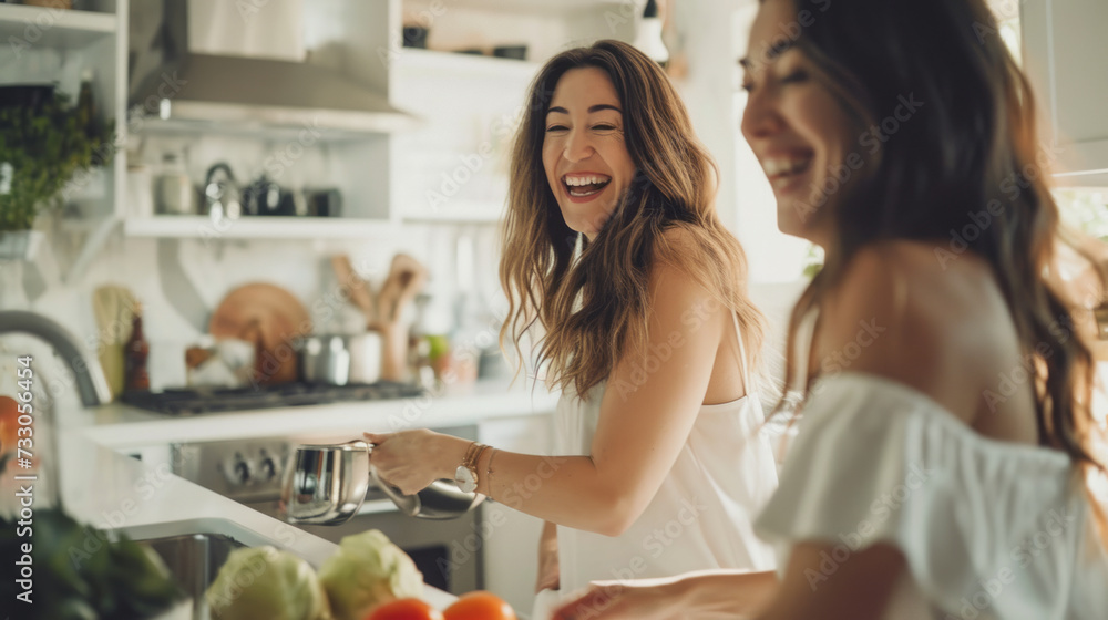 In a homely kitchen, women come together to cook, their smiles and laughter adding warmth to their culinary creations, epitomizing a healthy and joyful lifestyle - obrazy, fototapety, plakaty 