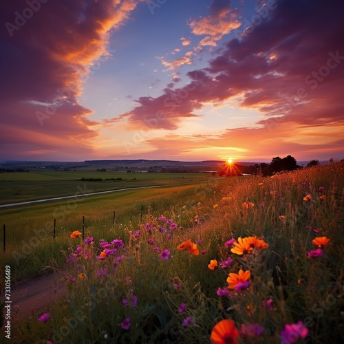 Sunset over a field of flowers
