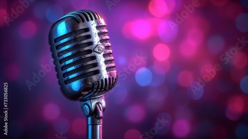 Retro silver microphone on stage with pink and purple bokeh background