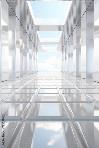 Futuristic empty corridor interior with white glossy tiles floor and blue sky seen through large windows