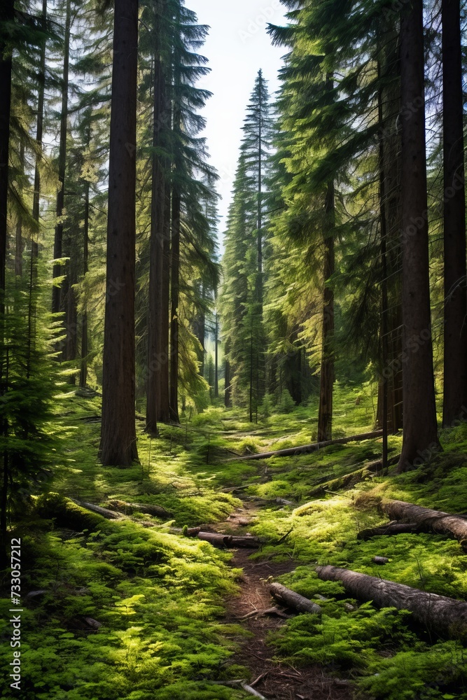 The sun shines through the tall tress in the lush green forest The sun shines through the tall tress in the lush green forest