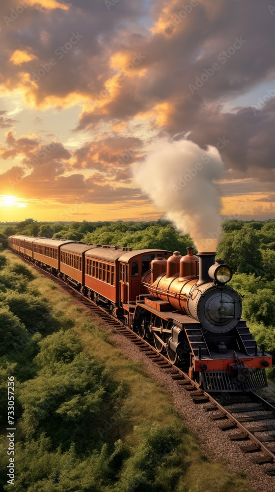Obraz premium Vintage steam locomotive train ride through countryside at sunset