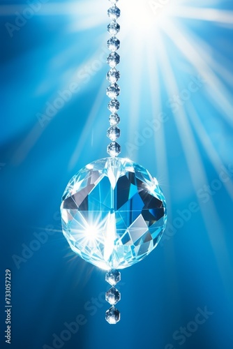 Blue crystal ball hanging from a string with a shiny background