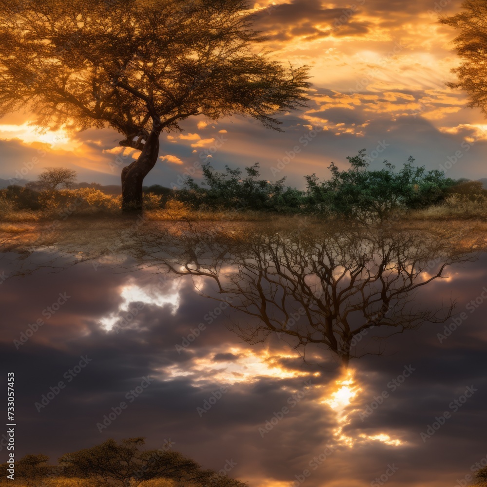 The sun sets over a lonely tree in the middle of a vast plain The sun sets over a lonely tree in the middle of a vast plain
