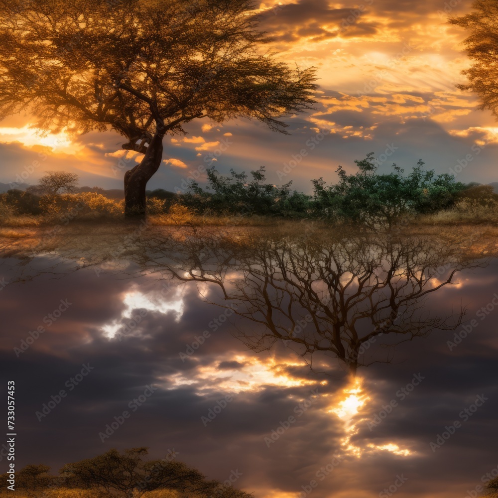 The sun sets over a lonely tree in the middle of a vast plain