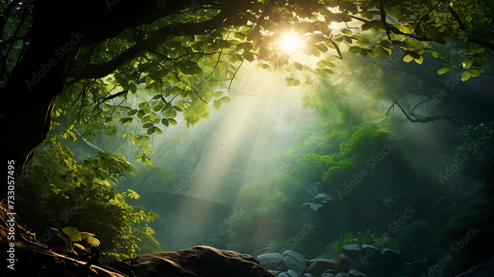 Sunlight filtering through a canopy of leaves - obrazy, fototapety, plakaty 