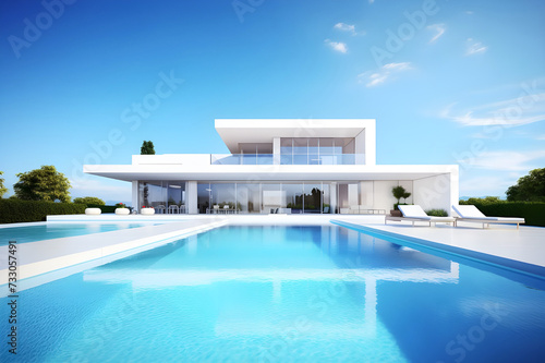 3d rendering of modern cozy house with pool and parking for sale or rent - Ai Generated © Muhammad