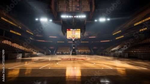 Basketball court with bright lights photo