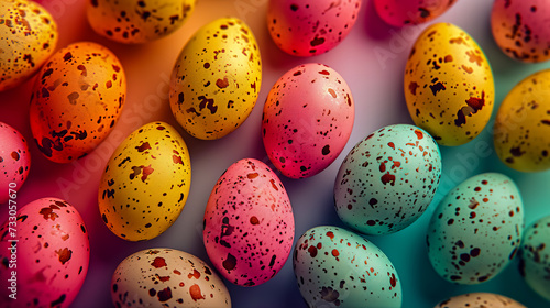 Colorful Easter eggs flat lay on colored background.